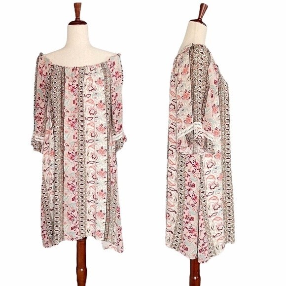 Naif Boho Dress OTS Off The Shoulder Pink Mixed Print Peasant Dress Size Large - Picture 1 of 16